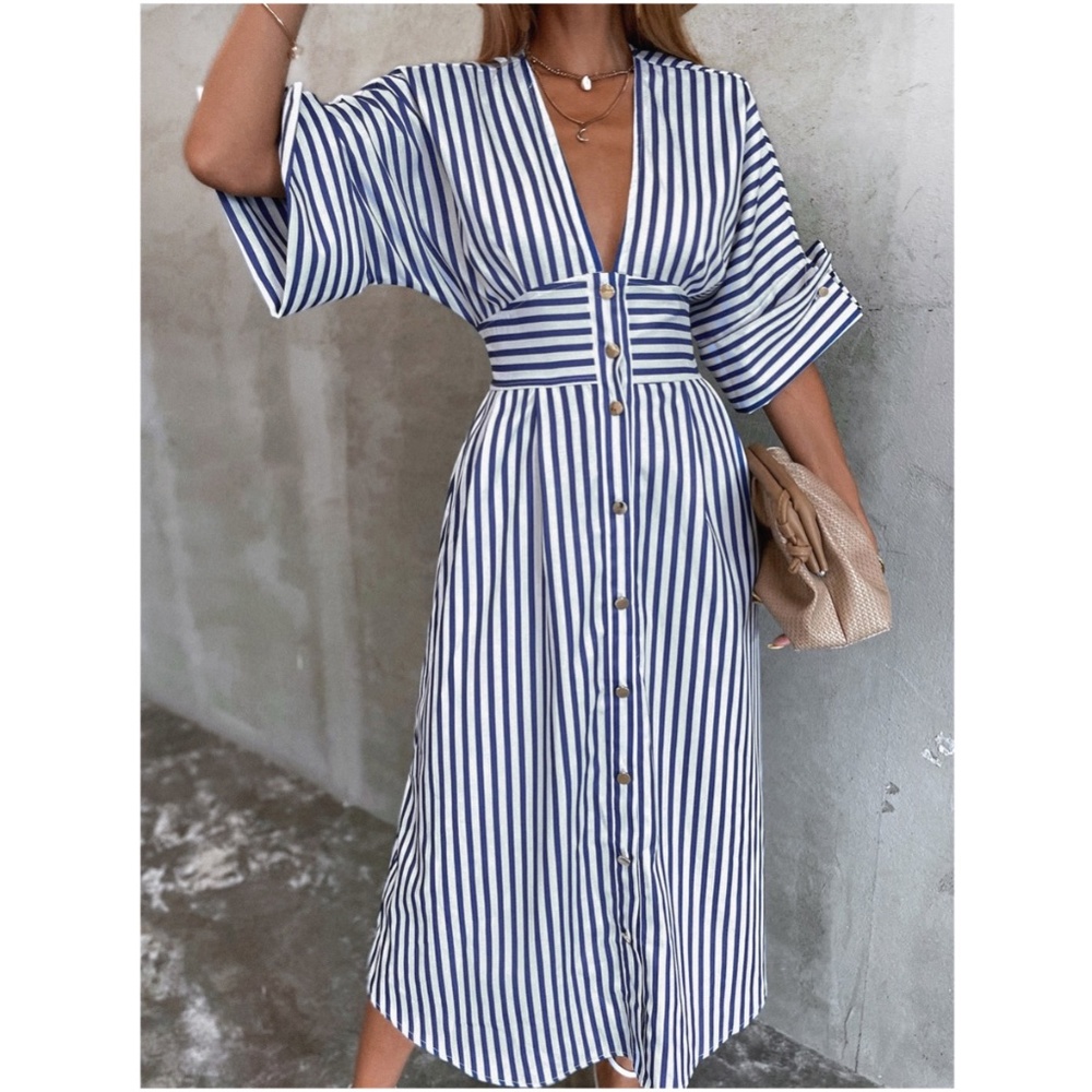 Boho Blue V neck Stripes Button up Dress Tie Back